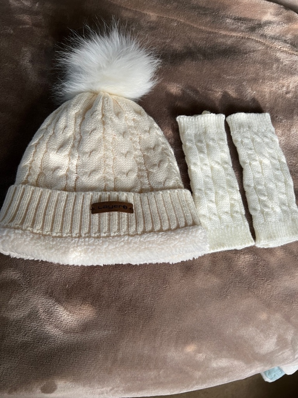 Layer 8 Cream Cable-Knit Pom Beanie & Matching Arm Warmers